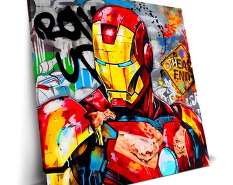 Arte de grafiti de Iron Man, impresión en lienzo de superhéroe, decoración del hogar