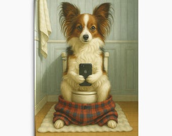 Papillon Dog On The Phone On The Toilet Canvas Print Funny Bathroom Wall Art Rustic Home Decor