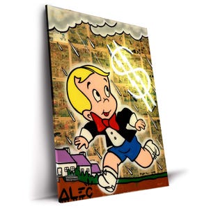 May include: Pop art style artwork featuring a cartoon boy running in the rain towards a glowing dollar sign. The boy wears a black tuxedo, red bow tie, and blue shorts. The background is a collage of comic strips, with a house in the lower left corner. The artist's name, ALEC, is in the lower left.
