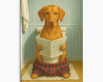 Vizsla Dog Reading Newspaper on Toilet Canvas Print Funny Bathroom Wall Art Rustic Home Decor