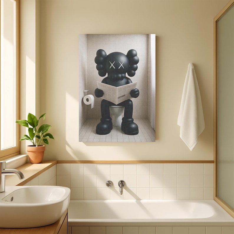 May include: A framed wall art print depicting a matte black cartoon character with X-shaped eyes sitting on a white toilet in a tiled bathroom, holding an open newspaper. The character has rounded ears and large feet, set against a white tiled wall.