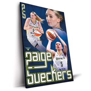 May include: A poster featuring Paige Bueckers, a basketball player, in action. The poster has a blue background with multiple images of the player in her uniform, holding a basketball. The text "Paige Bueckers" is prominently displayed in a neon green outline.