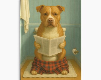 Pit Bull Dog Reading Newspaper on Toilet Canvas Print Funny Bathroom Wall Art Rustic Home Decor