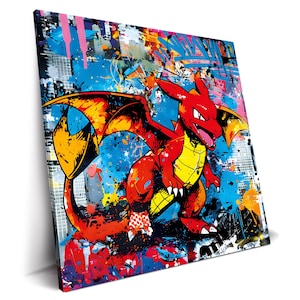 May include: A vibrant canvas print featuring a red dragon with yellow accents, set against a backdrop of blue, pink, and orange paint splatters. The artwork has a graffiti-style aesthetic, with a cartoonish dragon design.