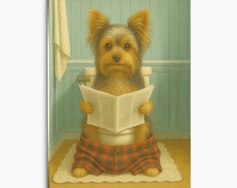 Yorkshire Terrier Dog Reading Newspaper on Toilet Canvas Print Funny Bathroom Wall Art Rustic Home Decor