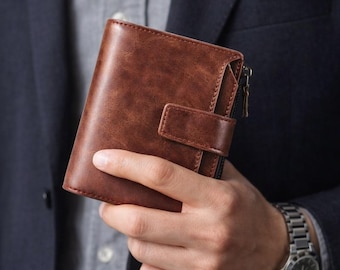 Leather Wallet for Men, RFID Wallet for Men, Vintage Bifold Leather Wallet, Zipper Wallet for Men, Zipper Coin Pocket, Gift for Him