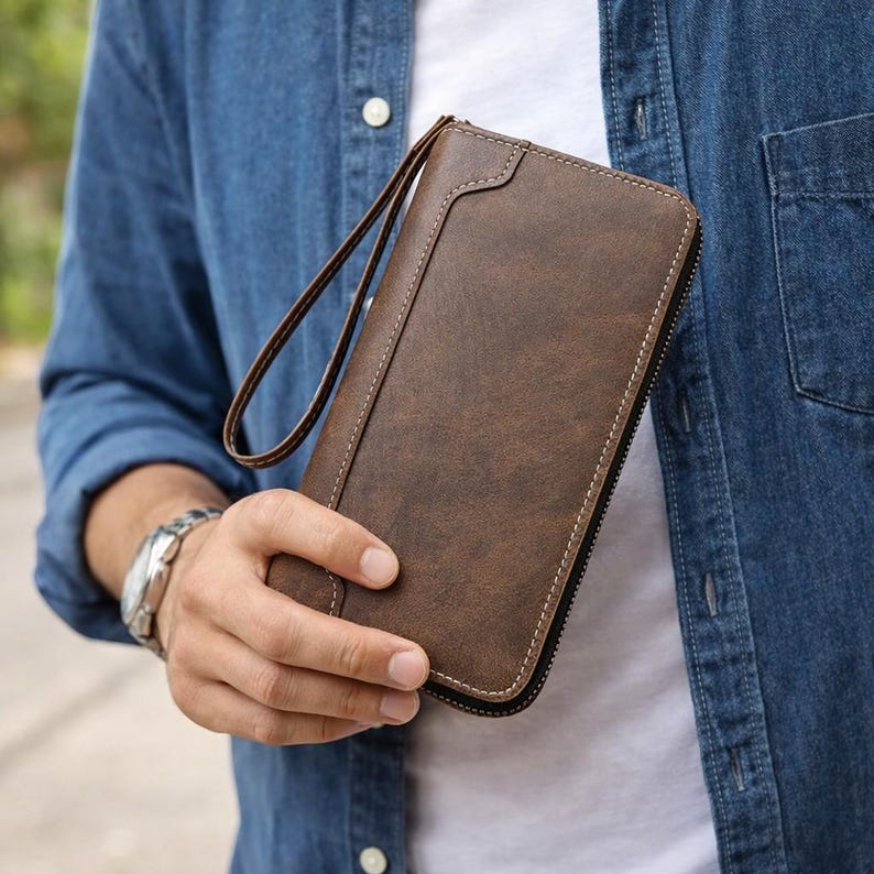 Portafoglio lungo in pelle per uomo, portafoglio con cerniera, portafoglio lungo da uomo, portafoglio in pelle per uomo, portafoglio lungo con cerniera per uomo, regalo per lui, immagine 5