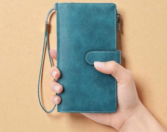 Portafoglio vintage con blocco RFID e cinturino da polso, portafoglio con cerniera a tre ante, porta carte di grande capacità, chiusura a scatto, regalo per lei