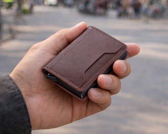 Portafoglio in pelle minimalista per uomo, portafoglio sottile in pelle, porta carte pop-up, portafoglio con tasca frontale, portafoglio RFID, regalo per lui