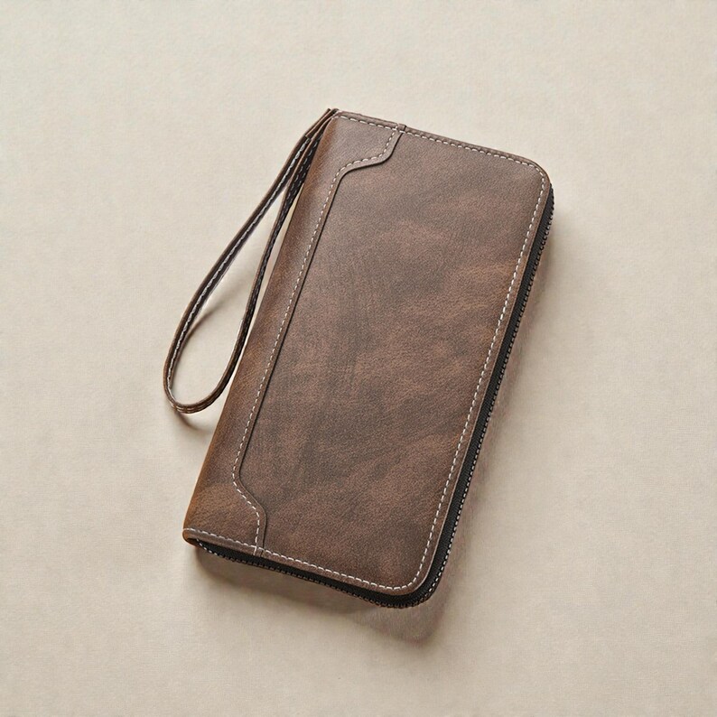 Portafoglio lungo in pelle per uomo, portafoglio con cerniera, portafoglio lungo da uomo, portafoglio in pelle per uomo, portafoglio lungo con cerniera per uomo, regalo per lui, Coffee