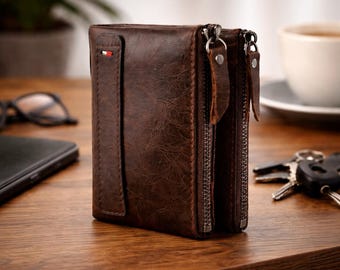 Leren herenportemonnee met rits – compact dubbelgevouwen met muntzakje, kaarthouder en ID-venster, slank, minimalistisch cadeau voor hem