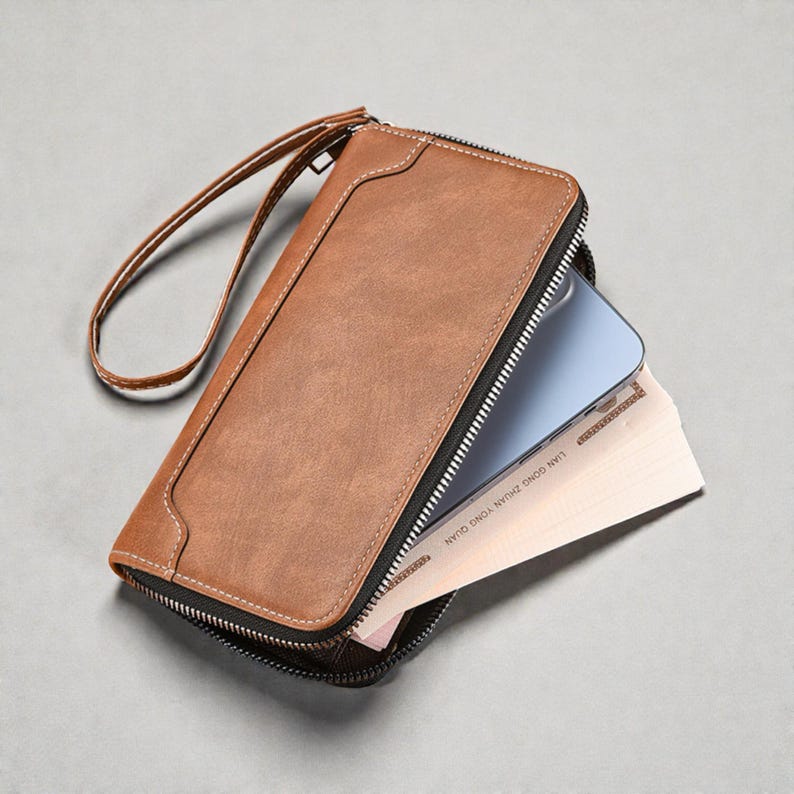Portafoglio lungo in pelle per uomo, portafoglio con cerniera, portafoglio lungo da uomo, portafoglio in pelle per uomo, portafoglio lungo con cerniera per uomo, regalo per lui, immagine 3