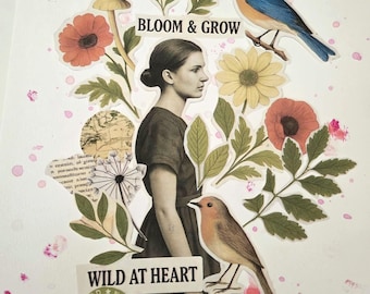 Bloom & Grow: un collage botánico original hecho a mano enmarcado, decoración de pared de 30 x 40 cm.