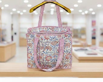 Boho Floral gesteppte Einkaufstasche - indische Block-Print-Baumwolltasche - wiederverwendbare Einkaufstasche, ästhetisches Geschenk für sie, handgemachte große Reise-Reißverschluss-Tasche