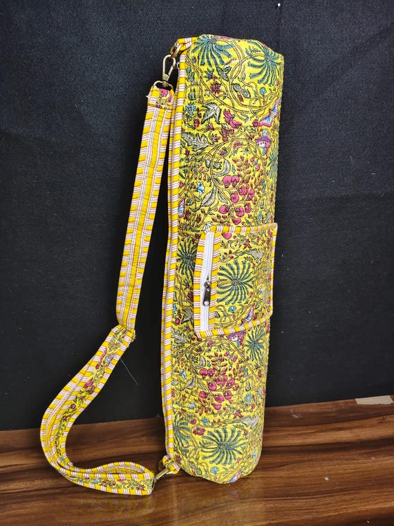 Quilted Yellow Floral Yoga Mat Bag with Zipper Pocket, Adjustable Strap Cotton Mat Carrier, Handmade Pilates Gym Sling