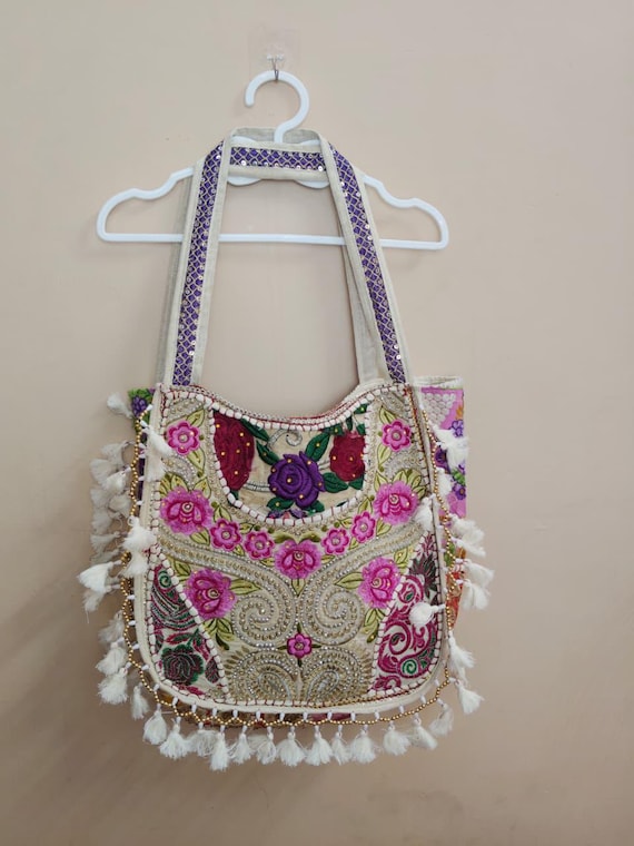 Boho Embroidered Tote Bag, Handmade Floral Bohemian Shoulder Bag, Ethnic Festival Bag with Tassels, Vintage Style Hippie Purse, Artisan bag