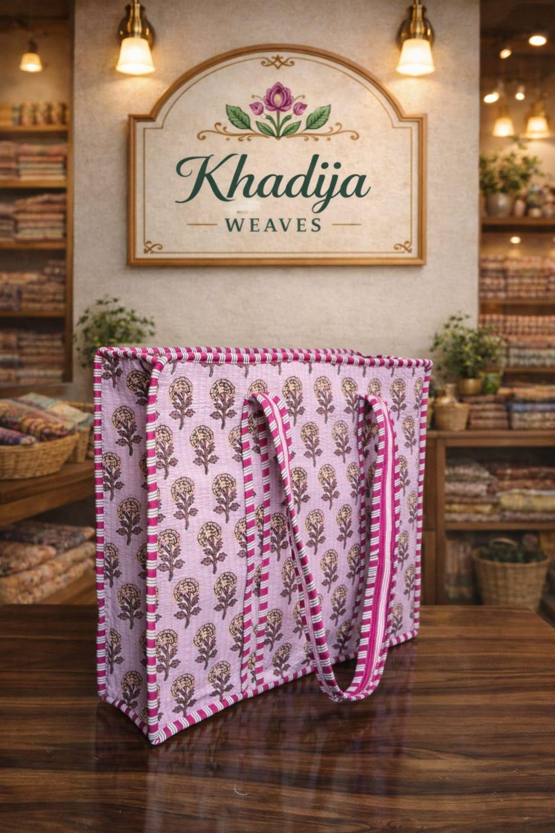 Pink Floral Quilted Tote Bag With Zip Closure, Handmade Cotton Block ...