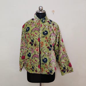 Reversible Women's Velvet Print Jacket, Colorful Button Front Coat, Abstract Floral Boho Statement Jacket