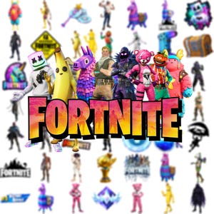 Puede incluir: Una colección de pegatinas de Fortnite con varios personajes, incluyendo un plátano, un oso rosa, una llama morada y una figura con máscara blanca, dispuestos alrededor del gran texto naranja y amarillo que dice FORTNITE.