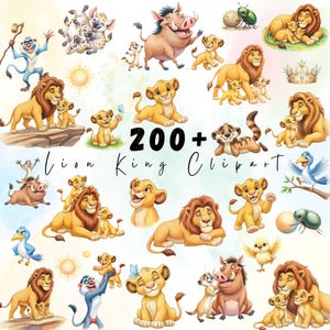 Może przedstawiać: Cyfrowa kolekcja ponad 200 ilustracji Lion King clipart przedstawiająca różne animowane postacie, w tym lwy, guźca, surykatkę, mandryla i ptaki w żywych kolorach. Tekst 200+ Lion King Clipart znajduje się na środku.