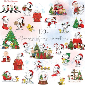 Op de afbeelding: Een digitale collectie van Snoopy en Peanuts-personages in kersttaferelen, met Snoopy, Woodstock, Charlie Brown en vrienden met kerstversieringen, bomen en cadeaus. De tekst bevat "Tis The Season", "150+", "Snoopy Merry christmas" en "Oh come let us adore him".