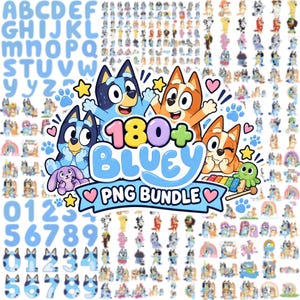 180+ blå hund PNG-paket + BONUStypsnitt, rolig hundfesttröja för barninbjudningar, tecknad hundfamilj, blå hundbingo Clipart-paket