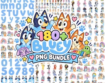 Pacchetto di oltre 180 immagini PNG di cani blu + font BONUS, design divertente per inviti a feste per bambini con cani, famiglia di cani dei cartoni animati, pacchetto di clipart per bingo con cani blu
