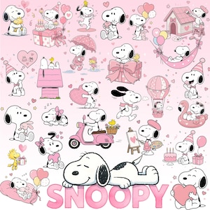 May include: A collection of Snoopy and Woodstock illustrations on a light pink background. The characters are depicted in various activities including sleeping, painting, riding a scooter, holding hearts, and celebrating with balloons and cakes.