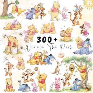 May include: A collection of Winnie the Pooh character illustrations featuring Pooh, Piglet, Tigger, Eeyore, and Roo in various poses with honey pots, bees, and trees. The text 300+ Winnie The Pooh is centered in black script and bold lettering.