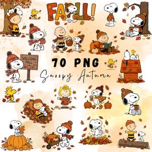 Puede incluir: Una colección digital de 70 archivos PNG con Snoopy, Charlie Brown y Woodstock en varias escenas otoñales. Las ilustraciones incluyen personajes con gorros de punto y bufandas, rodeados de calabazas, hojas caídas y tazas.