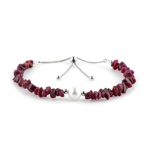 Natural Ruby Chip Nugget Bracelet with Pearl, Sterling Silver Bolo Clasp