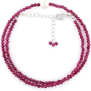 Natural Ruby Gemstone Choker Necklace with Cultured Pearl Beads, Boho Silver Plated Jewelry