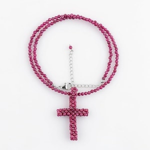 Halskette mit natürlichem Rubin und Amethyst, Kreuzanhänger aus Mikroperlen, Sterlingsilber, 45,7 cm (18 Zoll)