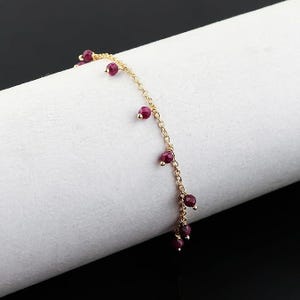 Natural Red Ruby Beaded Anklet, 14K Gold Plated Boho Chain Jewelry (9+1.50")