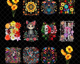 Mexikanische Blumen Clipart, Clip Art, lebendige Blumen, ethnische Bilder, kommerzielle Nutzung, transparentes Hintergrundbild, 300 DPI, Blumenverzierung Png