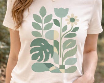 Botanical T Shirt, Green Abstract Floral Tee, Modern Retro Plant Shirt,