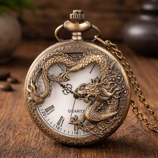 Collier montre de poche dragon en argent : garde-temps steampunk chinois