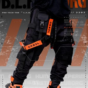 May include: Black cargo trousers with orange straps and the word "GRAIL" visible. The trousers have multiple pockets and a tactical design. The outfit includes black and orange trainers. The image also displays the text "B.L.F. ORG".