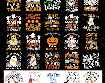 Puede incluir: Una colección de diseños de camisetas para profesores con temática de Halloween. Cada diseño presenta un fantasma, una calabaza o una bruja con la frase "You Can't Scare Me, I'm a Teacher" y variaciones para diferentes grados y especialidades. Los diseños son en negro, naranja y blanco.