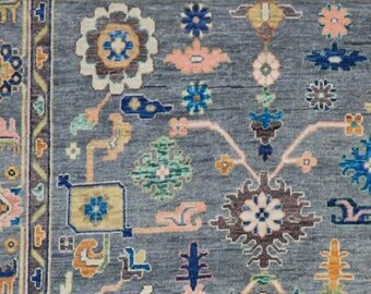 Handgeknoopt wollen oushak-vloerkleed: pastelblauw, vintage bloemen, 8 x 10 inch