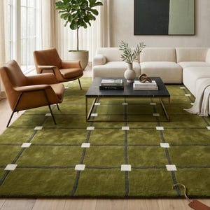 Olive Green Geometric Rug, Modern Grid Pattern Carpet, Minimalist Checkered Area Rug.
