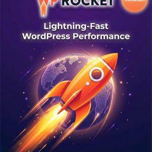 Puede incluir: Un cohete naranja con detalles blancos despega, dejando una estela de fuego y luz sobre un fondo morado oscuro. Se muestra el texto "WP ROCKET" y "Lightning-Fast WordPress Performance".
