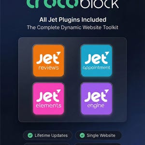 Può includere: Un'immagine con il testo "crocoblock" in verde. Sotto, si legge "All Jet Plugins Included" e "The Complete Dynamic Website Toolkit." Quattro quadrati colorati mostrano "Jet" con diverse funzioni: reviews, appointment, elements e engine. Il testo aggiuntivo include "Lifetime Updates."