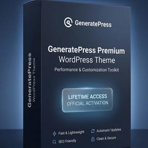 K&ouml;nnte beinhalten: Eine dunkelblaue Box mit dem GeneratePress-Logo und Text. Auf der Box steht "GeneratePress Premium WordPress Theme" und "Lifetime Access Official Activation." Zus&auml;tzlicher Text lautet "Fast & Lightweight," "SEO Friendly," "Automatic Updates," und "Clean & Secure."