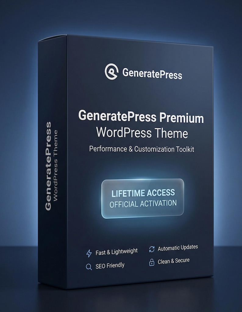 K&ouml;nnte beinhalten: Eine dunkelblaue Box mit dem GeneratePress-Logo und Text. Auf der Box steht "GeneratePress Premium WordPress Theme" und "Lifetime Access Official Activation." Zus&auml;tzlicher Text lautet "Fast & Lightweight," "SEO Friendly," "Automatic Updates," und "Clean & Secure."