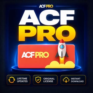 Può includere: Grafica digitale con il testo "ACF PRO" in bianco e giallo, su sfondo blu scuro. Un rettangolo rosso con "ACF PRO" e una grafica a razzo è presente. Sono incluse anche icone per aggiornamenti a vita, licenza originale e download immediato.