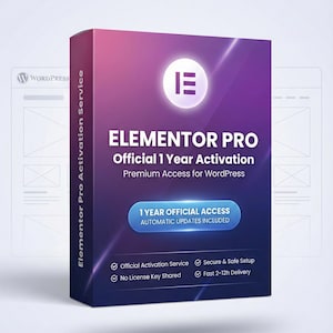 Op de afbeelding: Een productdoos met een paarse en roze gradiënt achtergrond. De doos toont de tekst "ELEMENTOR PRO Official 1 Year Activation" en "Premium Access for WordPress." Het bevat ook "1 YEAR OFFICIAL ACCESS AUTOMATIC UPDATES INCLUDED."