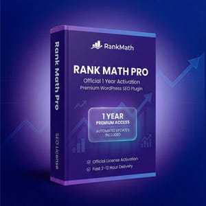 May include: A product box for Rank Math Pro, a premium WordPress SEO plugin. The box is dark blue and purple with the Rank Math logo and product details. Text includes "Official 1 Year Activation" and "1 Year Premium Access".
