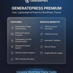 K&ouml;nnte beinhalten: Eine digitale Grafik, die GeneratePress Premium, ein WordPress-Theme, bewirbt. Das Bild zeigt einen dunkelblauen Hintergrund mit dem GeneratePress-Logo und Text, der Funktionen wie leichte Leistung, erweiterte Layout-Steuerung und WooCommerce-Unterst&uuml;tzung hervorhebt. Servicevorteile sind ebenfalls aufgef&uuml;hrt.