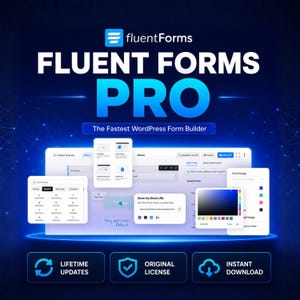 May include: A digital graphic advertising Fluent Forms Pro, a WordPress form builder. The image displays the Fluent Forms logo, the text "FLUENT FORMS PRO", and the tagline "The Fastest WordPress Form Builder". Additional text includes "Lifetime Updates", "Original License", and "Instant Download".
